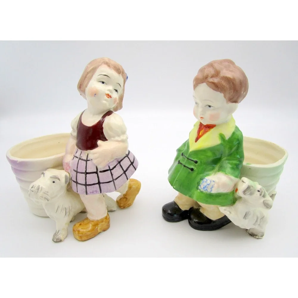 Pair of Vintage Made in Japan Planters Boy Girl Children with White Terrier Dog